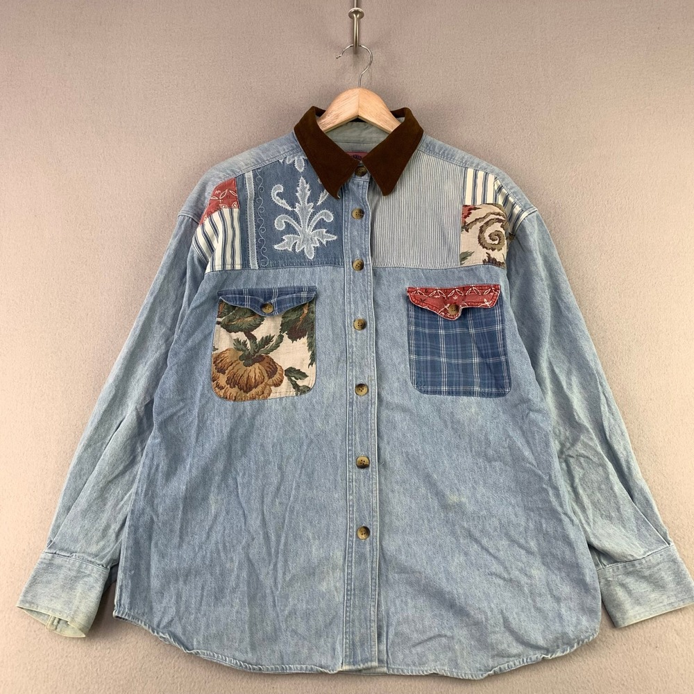 Vintage Cambridge Country Store Patchwork Denim Shirt Womens L Blue Suede Collar
